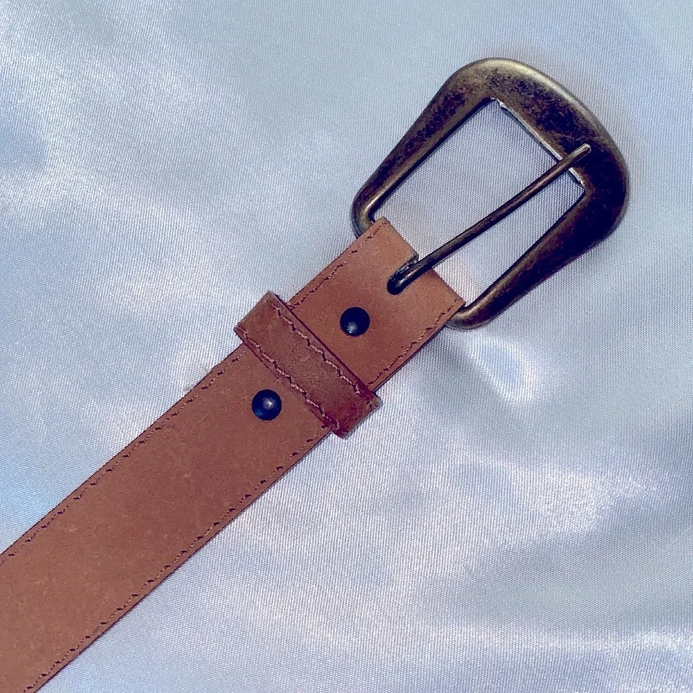 Womens Tan Brown Adjustable Waist Belt Small Medium Antique Brass Buckle‎